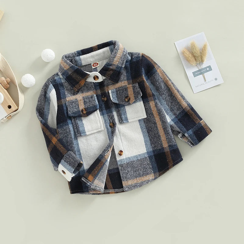 2022-08-23 Lioraitiin 0-4Years Kids Baby Girl Boy Plaid Shirt Jacket Casual Lapel Long Sleeve Button Up Cardigan Jacket Coat