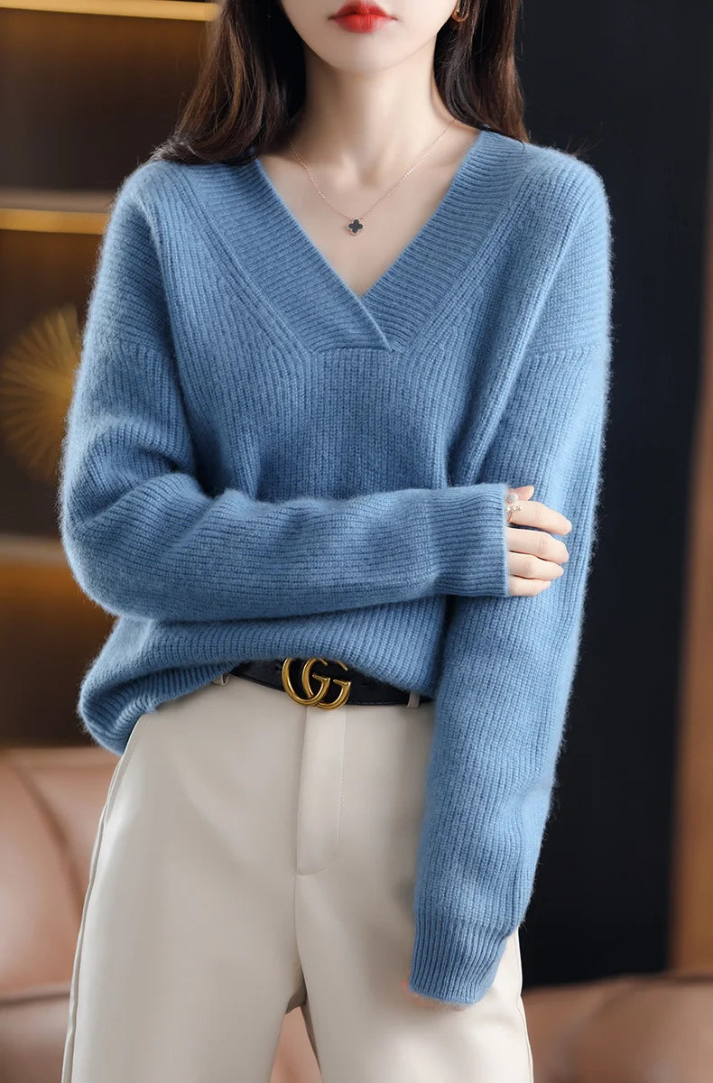 V-Neck Autumn Winter Sweater pullovers Women 2024 loose thick cashmere Sweater Pullover women oversize sweater jumper