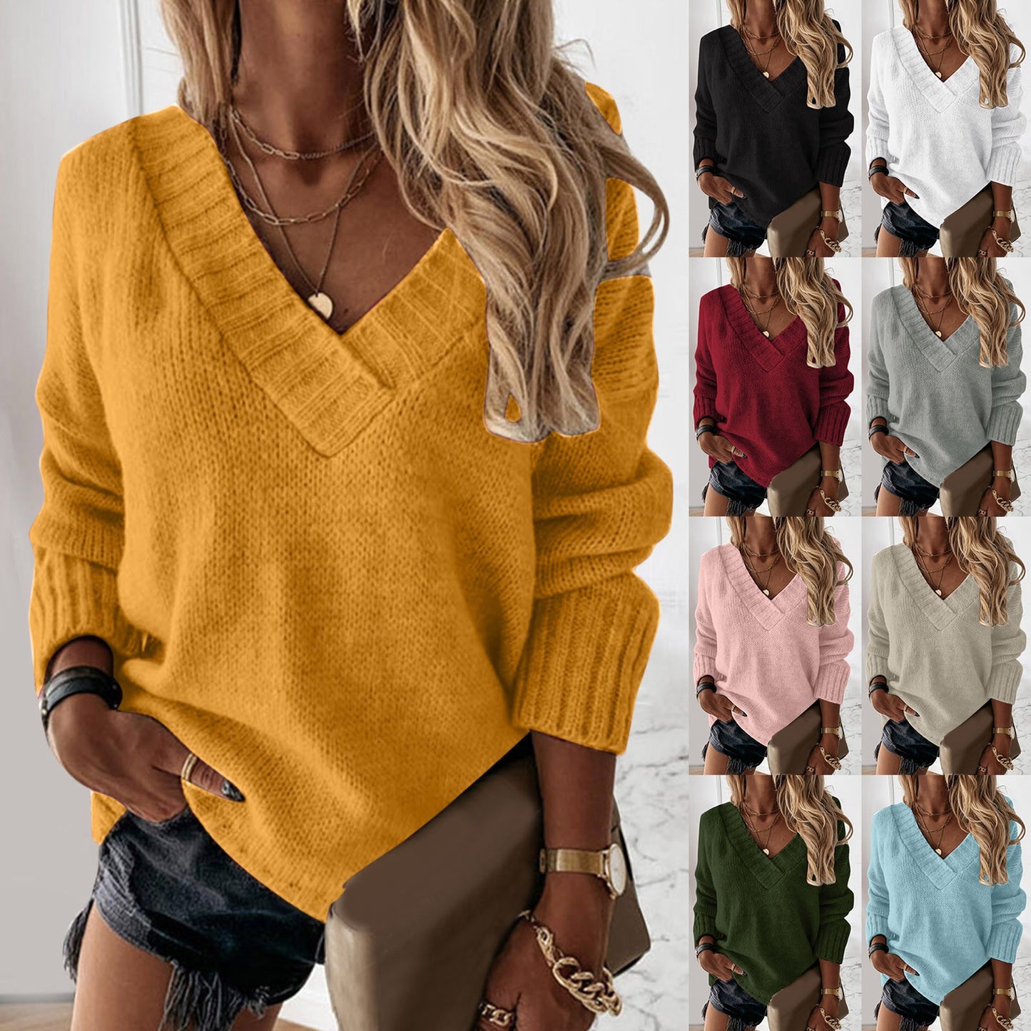 2023 Autumn Knitted Sweater Women Oversize Winter V Neck Thick Solid Color Pullover Long Sleeve Warm Sweaters Women Streetwear