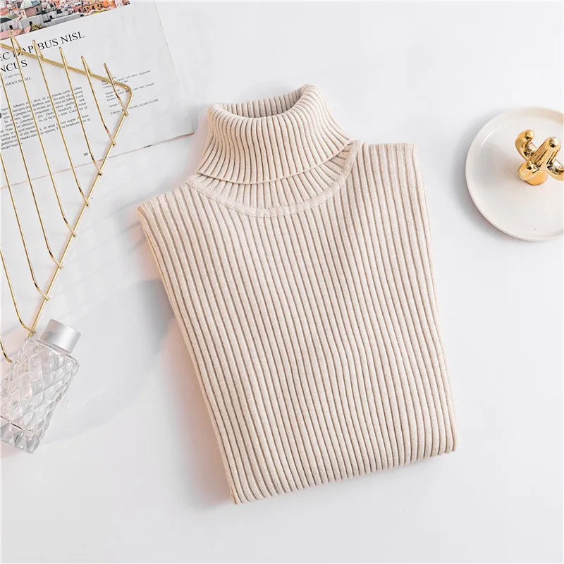 2024 Autumn Winter Women Knit Solid Turtleneck Pull Sweater Casual Rib Jumper Tops Female Home Pullover Y2K Clothing