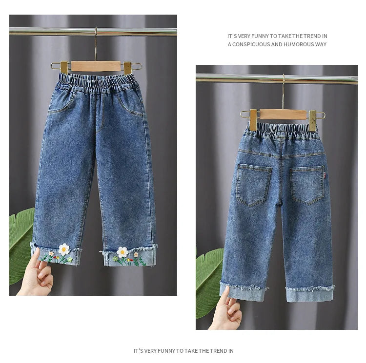 Kids Girl Jeans Floral Cartoon Long Pants Spring Autumn Graffiti Painting Print Casual Trousers with Hole Children Denim Pants