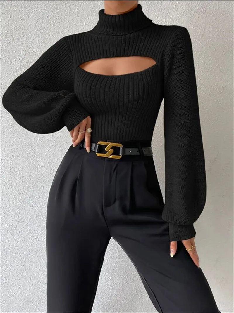 Chest Hollowed-out Sexy Sweater Design Sexy Loose Matching Sweater Fall Winter Turtleneck Hollowed-out Sweater Women Wear Top