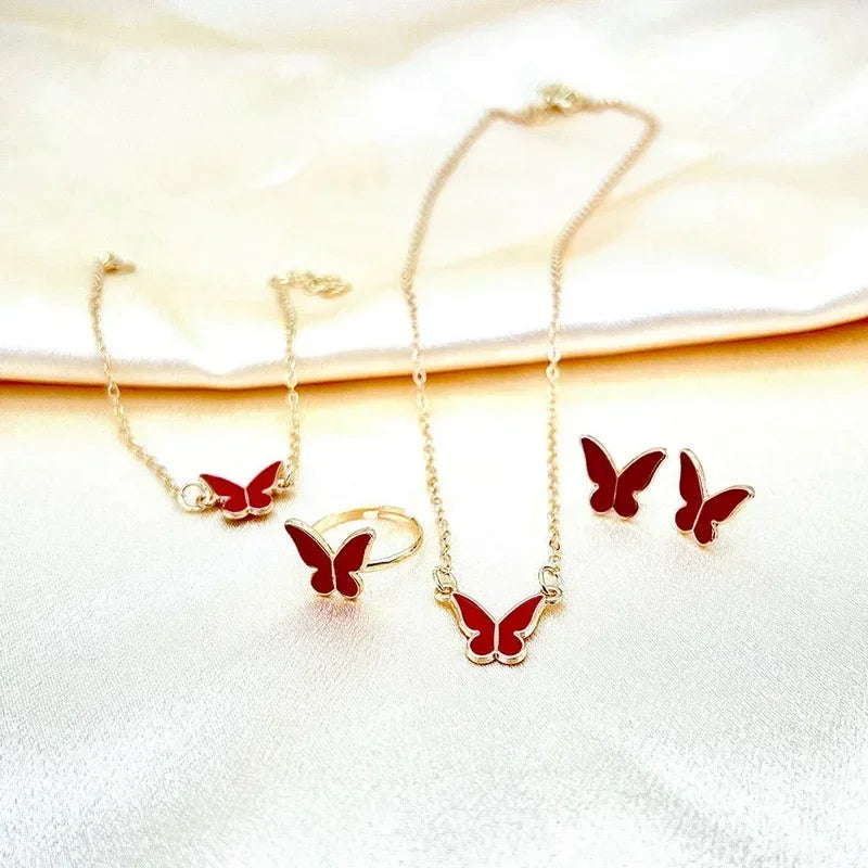 4Pcs Butterfly Jewelry Sets Pink White Romantic Bracelet Ring Necklace Earrings Set Wedding Dress Accessories Women Xmas Gift