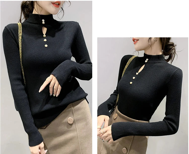 Autumn Winter Pullovers Women Hollow-out Sweaters Long Sleeve Half High Collar Sweater Female Slim Korean Knitwears Tops 2024