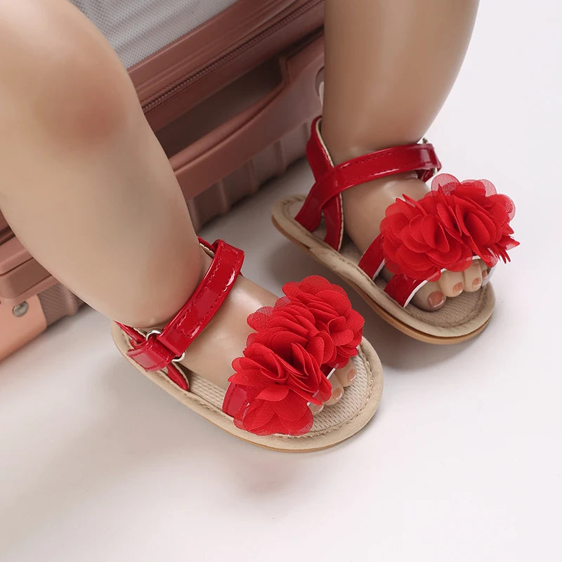 Summer baby girl sandals red festive and cute flower baby shoes soft rubber soles comfortable and casual baby walking shoes