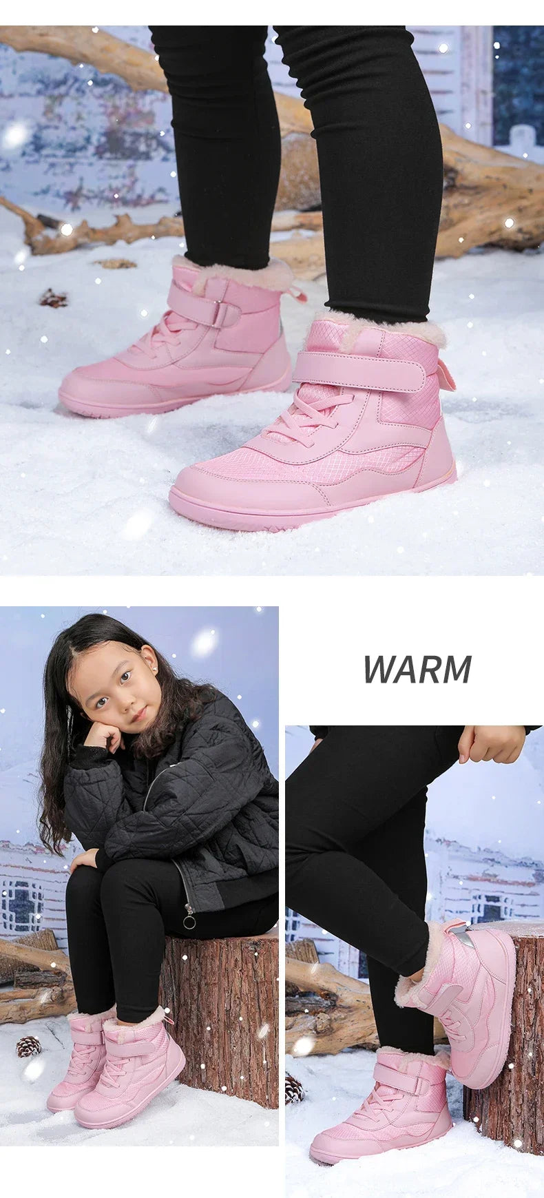 Kids Barefoot Boots Wide Width Waterproof Winter Fur Lined Shoes for Boys Girls Cold Weather Children Outdoor Fashion Sneakers