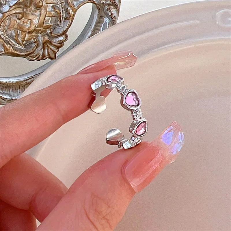 3pcs Fashion Love Heart Zircon Open Rings Set for Women Gothic Sweet Girls Geometric Finger Rings Y2K Party Jewelry Accessories