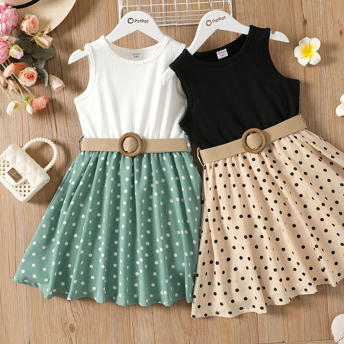 PatPat 2pcs Girl Dresses Kids Clothes Girl Polka Dots Ribbed Girls Splice Sleeveless Dress & Belt