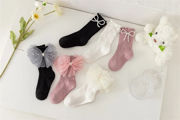 Spring and Autumn Children Cute Sweet Princess Fashion Bow Comfortable Breathable Calf Socks for Girls