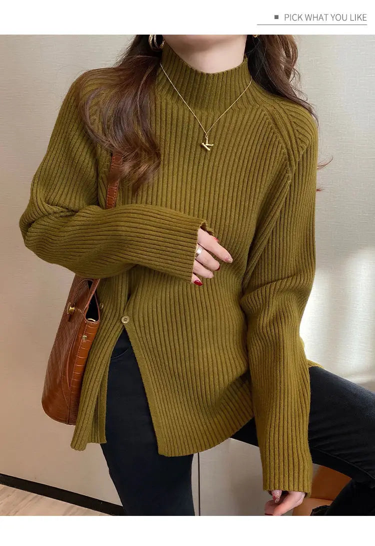 2024 Women Sweater Pullovers Turtlneck Casual Autumn Winter Split Fork Button Chic Sweater Female Slim Knit Top Soft Jumper Tops