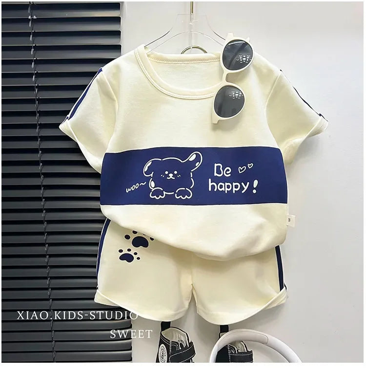 2024 New Kids Short Sleeve Suit Striped Girls Boys Set Summer Tops +short Baby Clothes Children's Wear