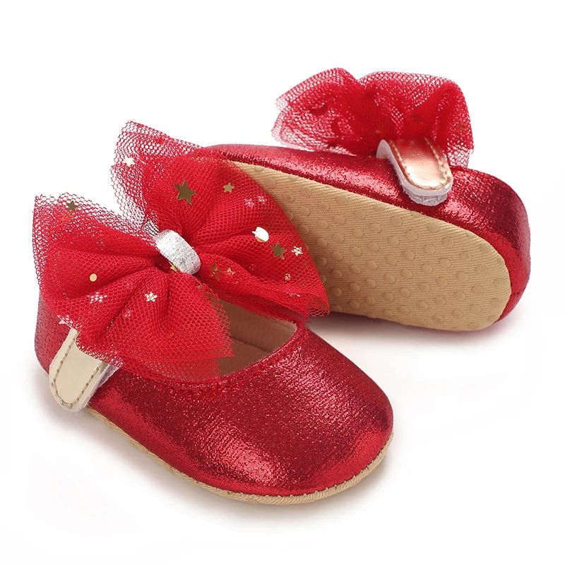 Spring and Autumn Girl Baby Shoes Classic Fashion Red Theme Cute Bow Princess Shoes Rubber Sole Anti slip Comfortable Walking Sh