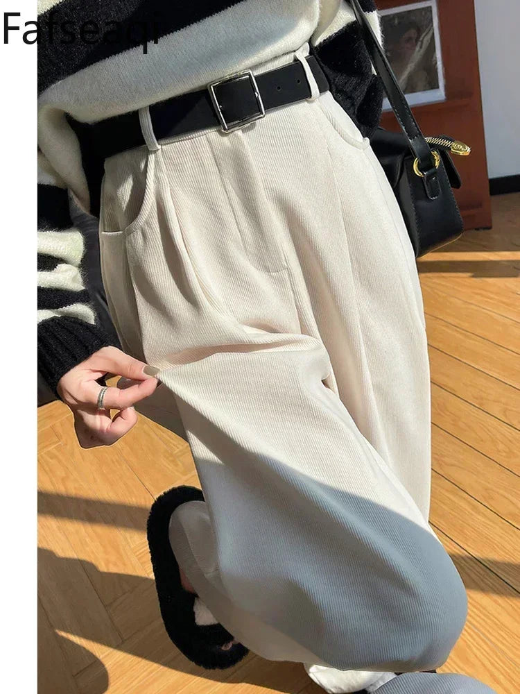 Elegant Wide Leg Pants for Women 2024 Autumn New Maillard Full Length Trousers Winter Women's Baggy Pants with Velvet Sweatpants