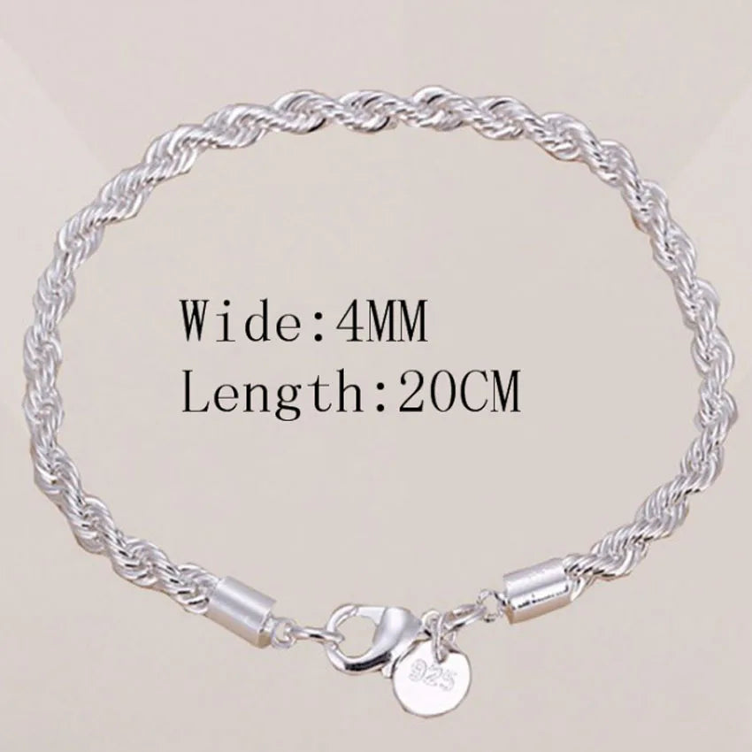 High Quality Silver Color 4MM Women Men Chain Male Twisted Rope Necklace Bracelets Fashion Silver Jewelry Gifts Wedding Party