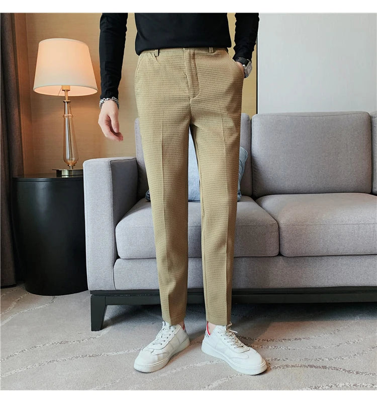 Suit Pants Autumn Winter Fashion Waffle Dress Pants For Men Clothing Business Casual Slim Fit Men's Formal Trousers High Quality