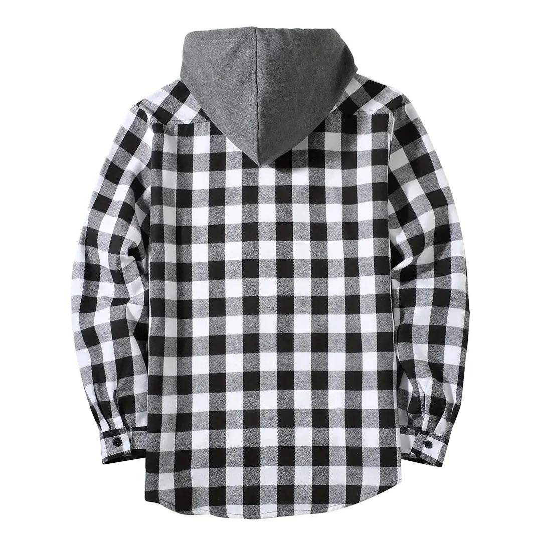 Spring Autumn Men's Hoodies Shirts Classic Plaid Casual Button Down Hooded Long Sleeved Double Pockets Shirt Flannel Jacket Tops