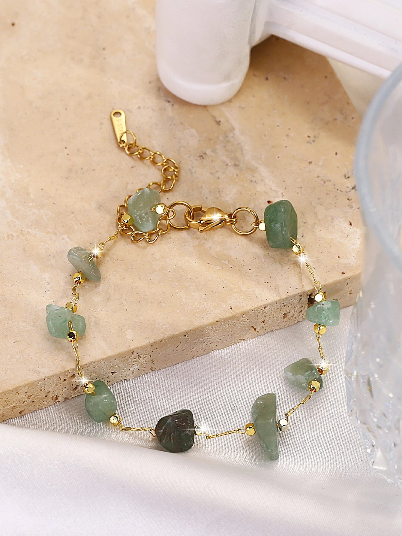 1 Bohemian Beach Fashion All-in-one Light Luxury Double green irregular stone stainless steel bracelet (stone size is not fixed)