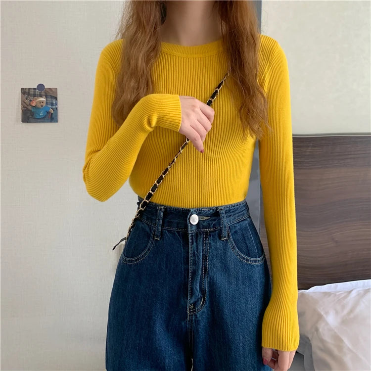 2024 New Women Sweater Autumn Winter Long Sleeve Pullover Basic Top Fashion O-neck Elastic Female Winter Solid Knitted Jumper