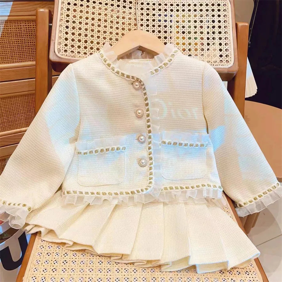 New Childrens Clothing 2024 Spring and Autumn Collection Girls Lace Jacket Short Skirt Fashionable Two-piece Set