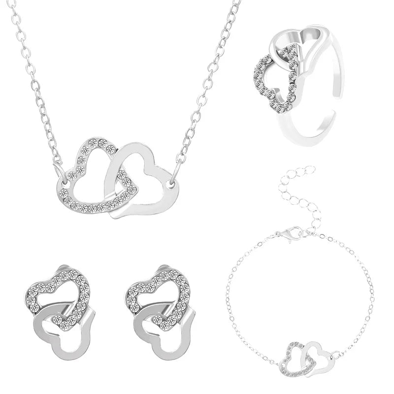 5PCS/Set Heart Shaped Jewelry Sets Of Ring Earrings Necklace For Women Elegance Rhinestone Double Heart Jewelry