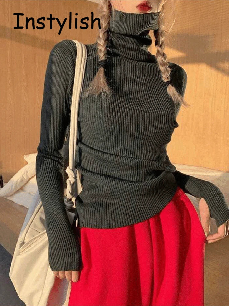 Women Vintage Y2K Turtleneck Sweater Finger Hole Elegant Slim Knitted Pullover Korean Harajuku Jumper Autumn Winter Basic Tops