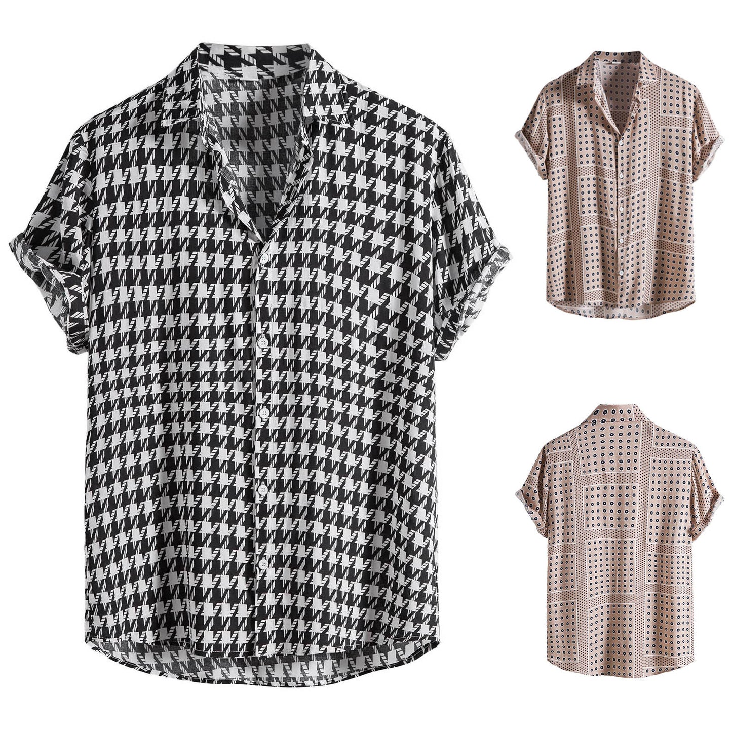 Summer Houndstooth Plaid Shirts For Men Hawaiian Short Sleeve Mens Social Dress Shirts Casual Beach Button Up Blouse Men Camisas