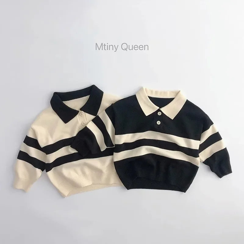 2023 New Korean Style Spring Autumn Children's Sweater Boys Girls Two-piece Button Striped Lapel Knitted Top Casual Fit Stylish