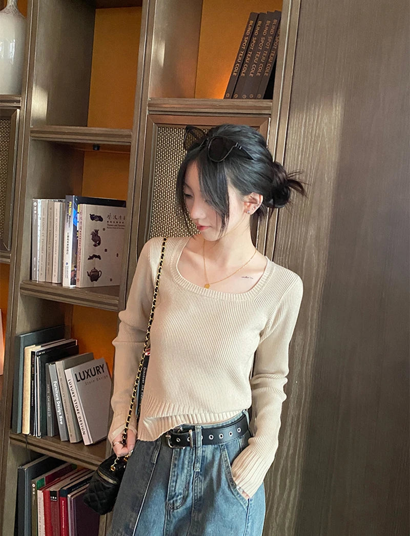 Autumn Winter Fashion Sweater Slim Knitted Pullover Women Square Collar Soft Solid Jumper Casual All Match Female Tops 2024 New