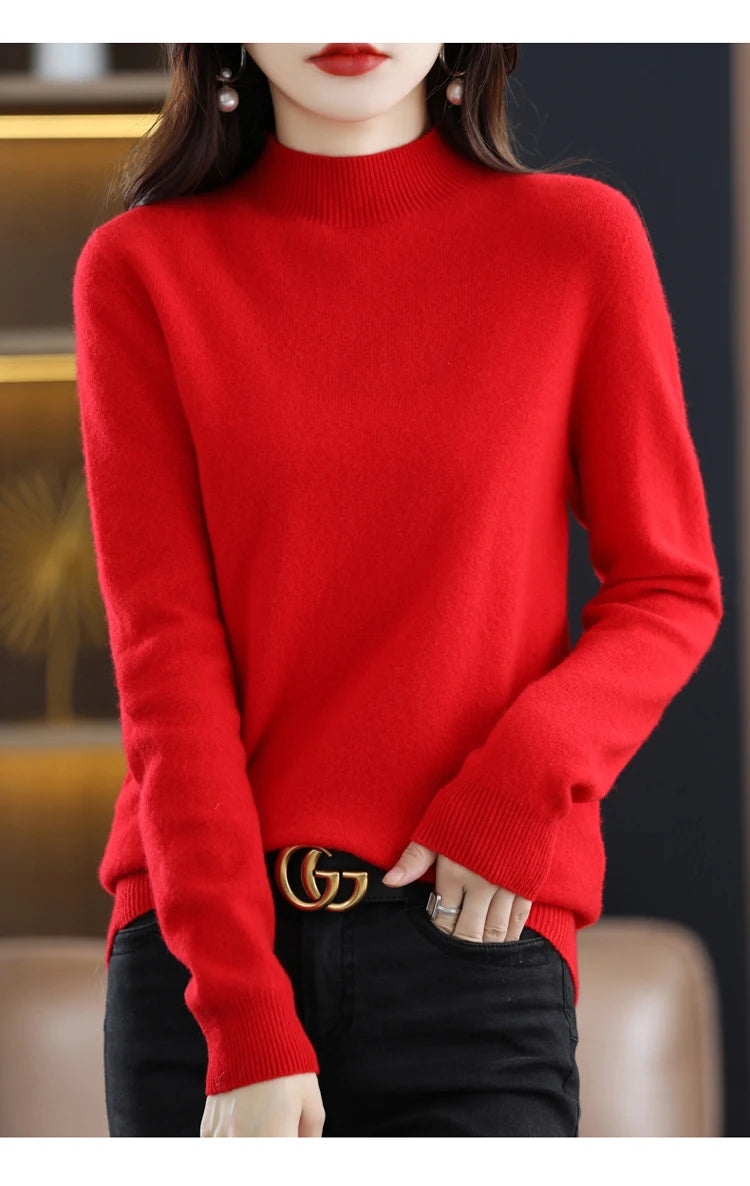 100% merino wool cashmere sweater women's sweater semi-high-necked long-sleeved pullover warm pullover in autumn and winter