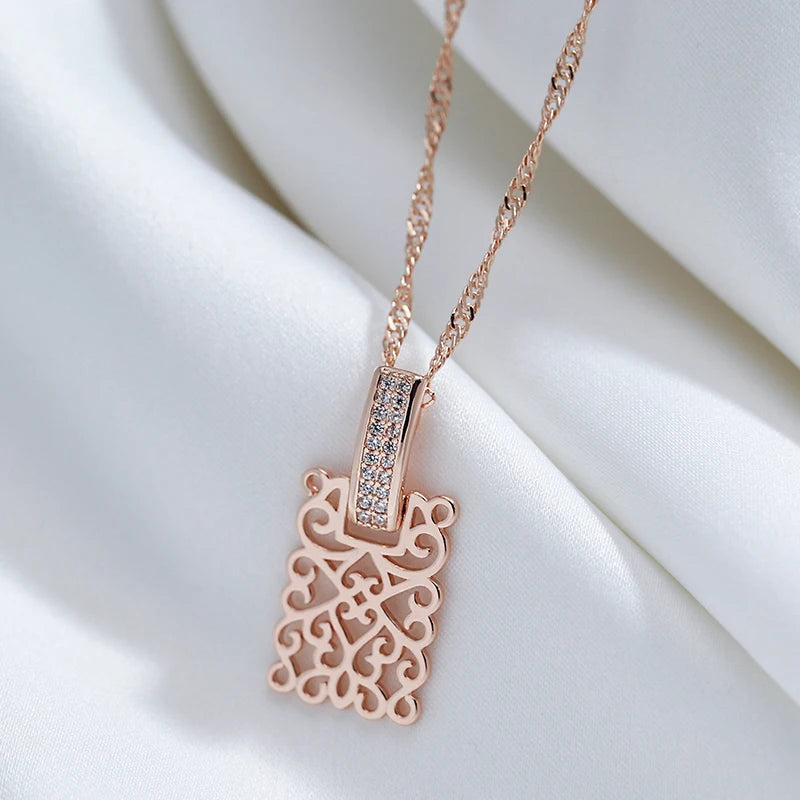 Kienl Hot 585 Rose Gold Square Long Pendant Necklace for Women Vintage Natural Zircon Glossy Metal Necklace Trend Daily Jewelry