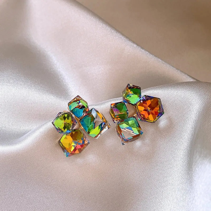 Design Fantastic Colorful Crystal Geometric Square Earrings with Different Angles and Colors Unusual Jewelry for Women or Girls