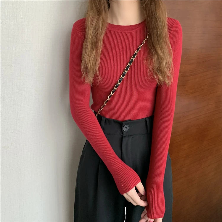 2024 New Women Sweater Autumn Winter Long Sleeve Pullover Basic Top Fashion O-neck Elastic Female Winter Solid Knitted Jumper