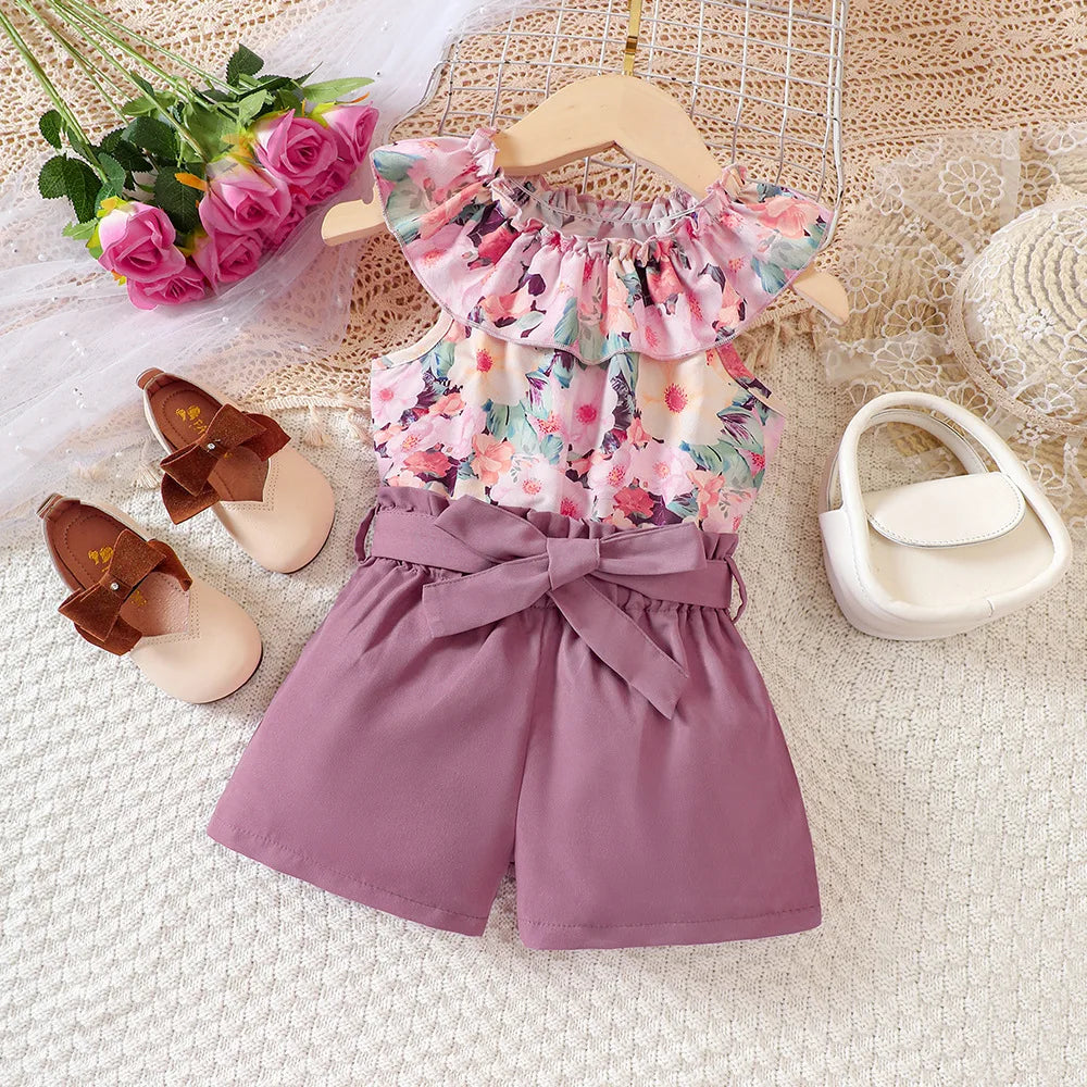 Kids Casual Summer Clothing Sets Outfits for Girls 2024 New Toddler Floral Print Ruffles Tops Short Pant Fashion Children 1-8Y