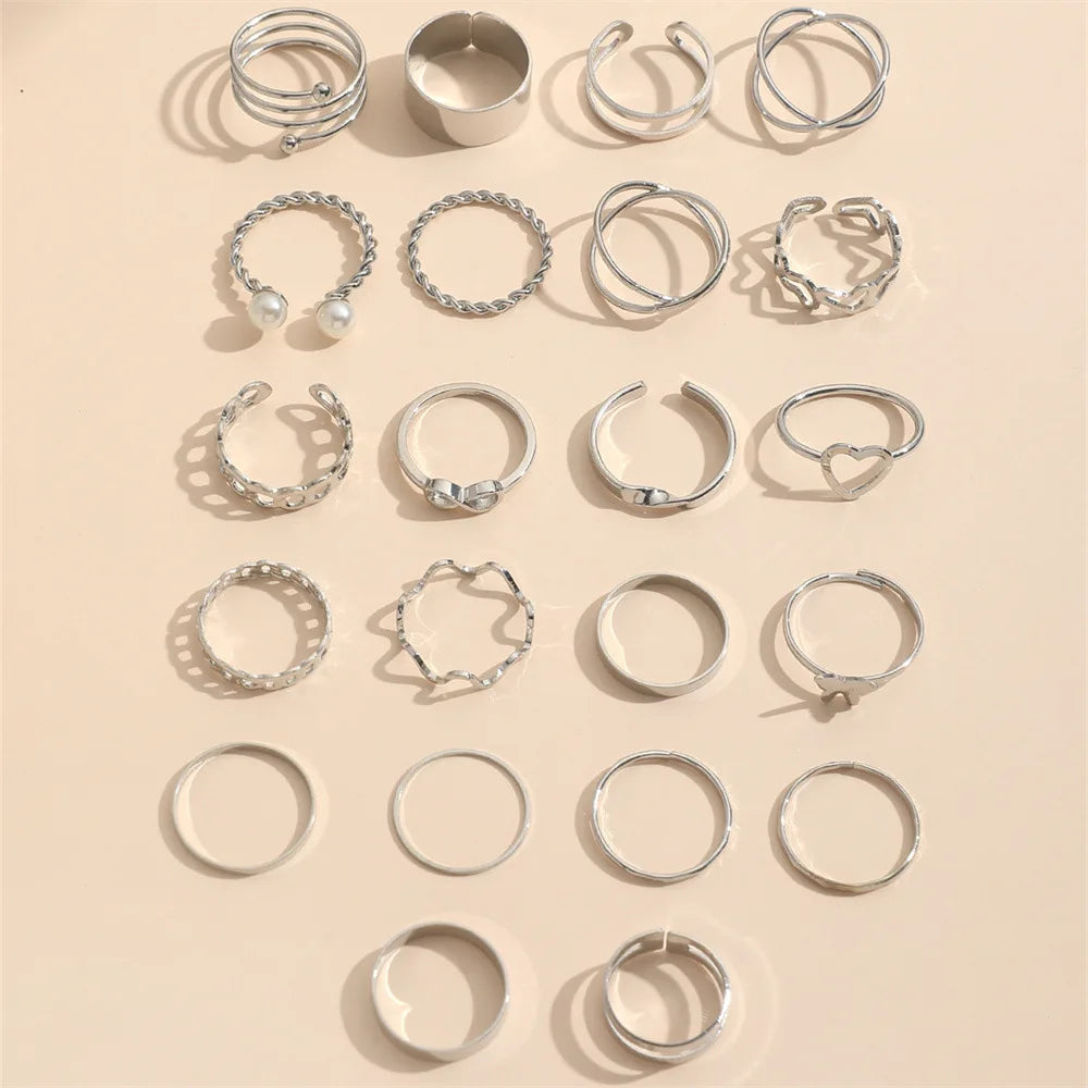 Kirykle 22pcs Fashion Simple Wave Joint Rings Set for Women Crystal Heart Shape Gold Silver Color Ring Female Party Jewelry