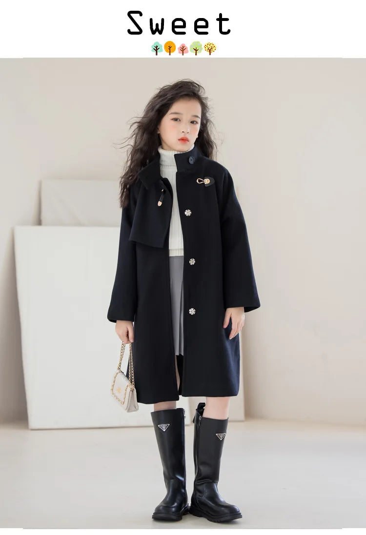 Winter Girls Wool Coat Long Double-faced Tweed Overcoat for Kids Fashion Casual Grey 10 12 14 Years Teenage Children Outerwear