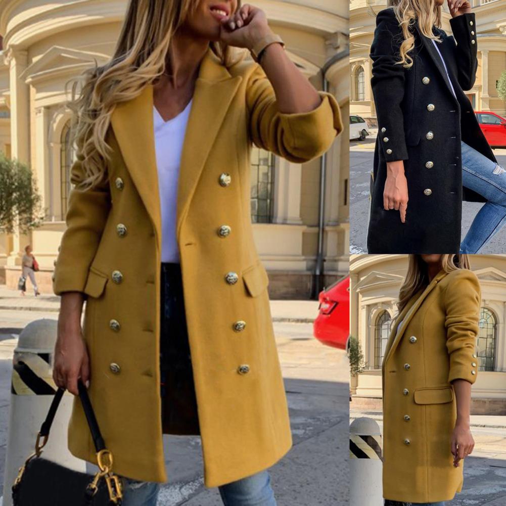 Women Wool Coat Autumn Winter Long Sleeve Pure Color Turn-Down Collar Double-breasted Women Overcoat Women Greatcoat Outerwear