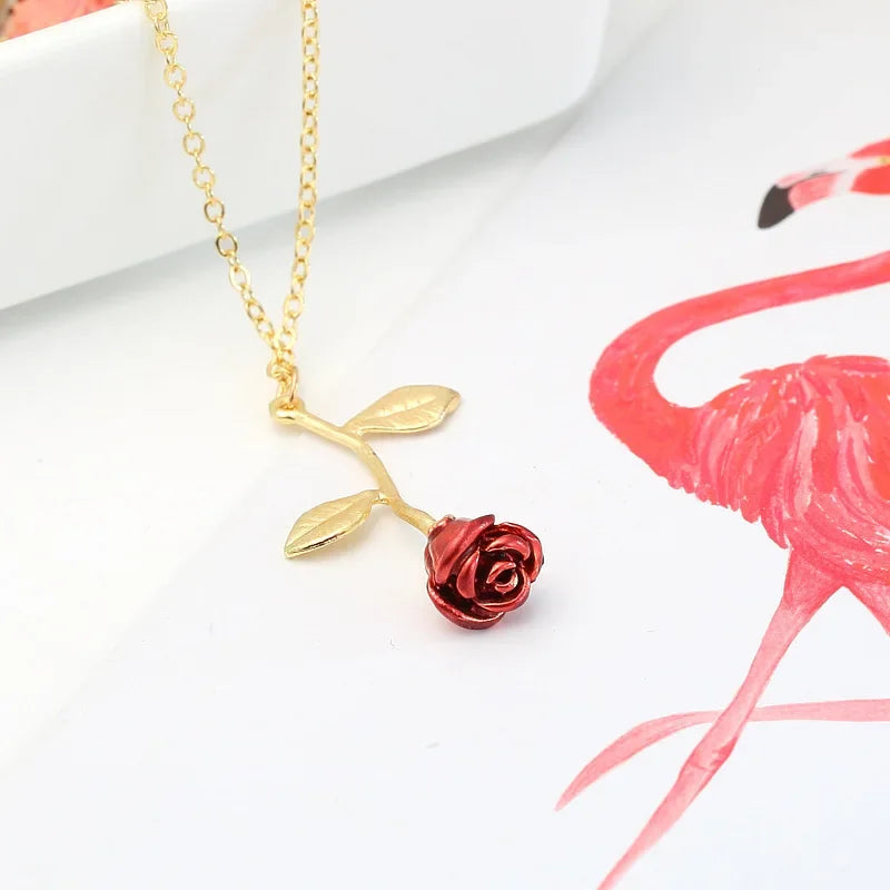 European and American Fashion Personality Temperament Red Rose Pendant Necklace Women's Simple and Creative Oil Drop Necklace