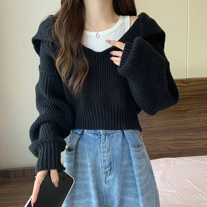 Long Sleeve Cropped Sweater Women Autumn Winter Turn Down Collar Knitted Jumper Woman Korean Style Solid Color Jerseys