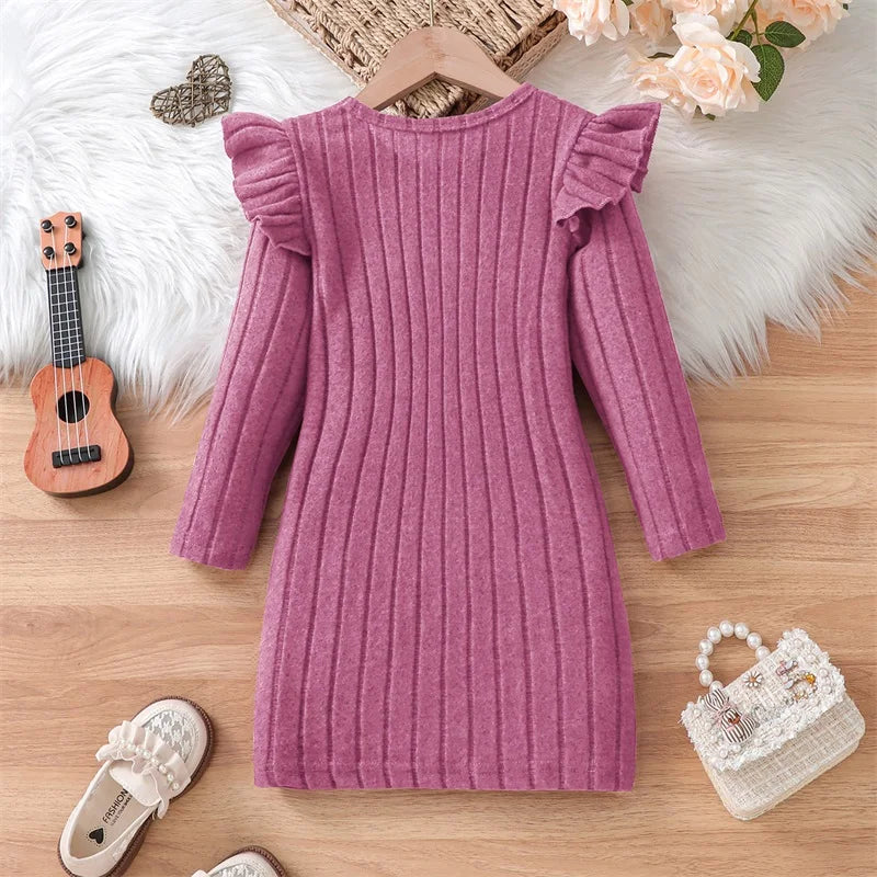 3-8Y Kids Girls Knit Dress Solid Color Bowknot Round Neck Long Sleeve Casual Dress Fall Winter Kids Princess Warm Dresses