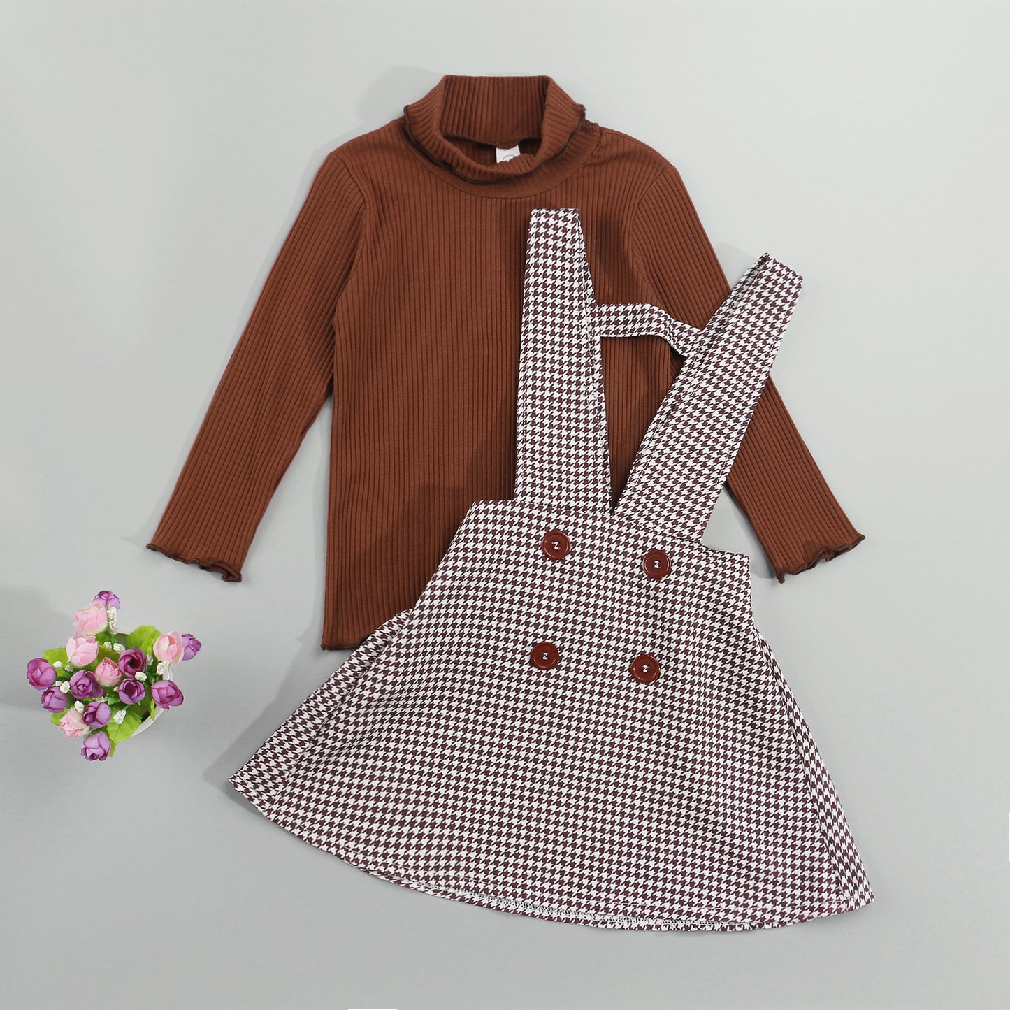 Girls Autumn Fashion Clothes Set 2 Pieces Suit Solid Turtleneck Tops+Plaid Suspender Skirt Kids Sets Girls Clothes 1-6Y