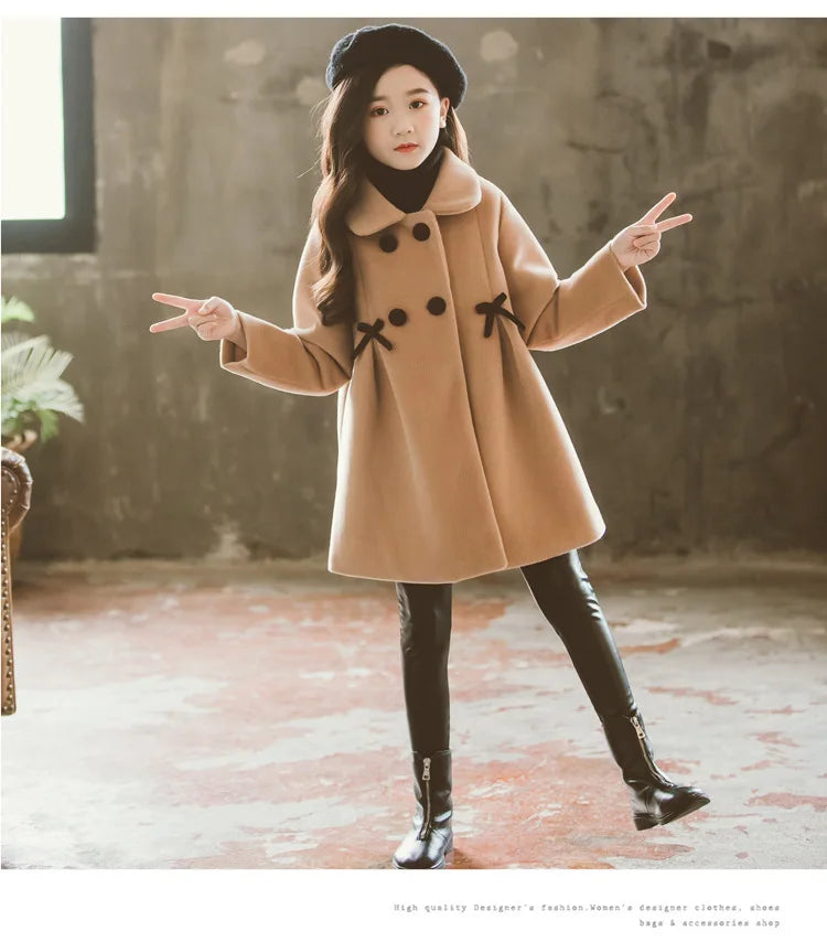 3 4 5 6 8 10 12 Years Girls Wool Coat Autumn Winter Korean Version Long Kids Jacket Double Breasted Children Outerwear Clothing