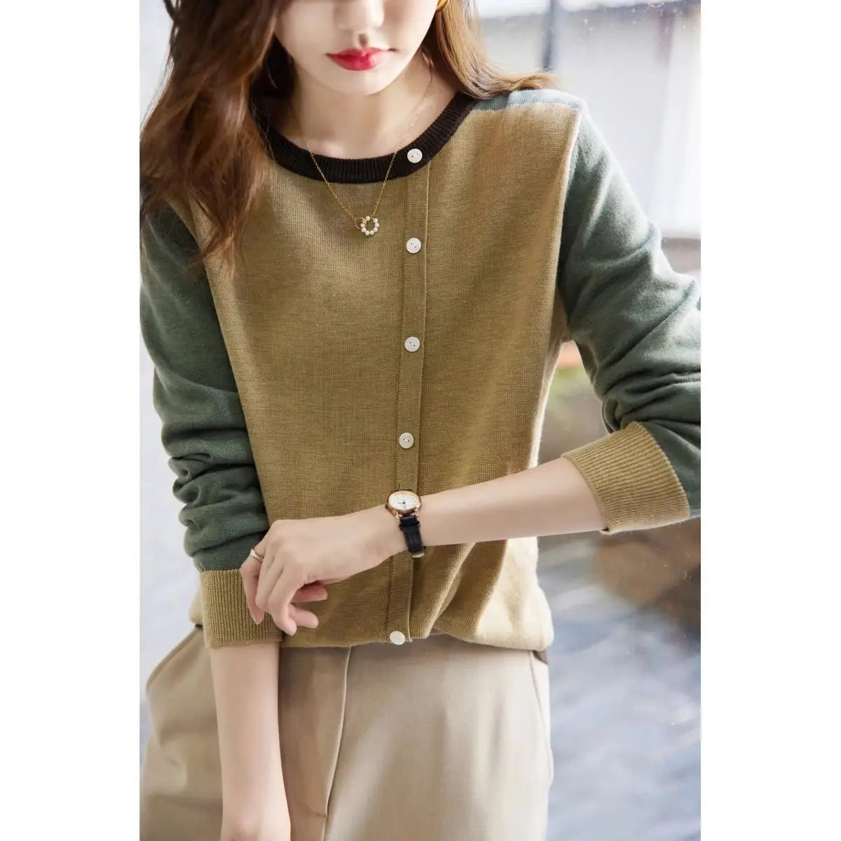 Spring Autumn New Fashion Round Neck Long Sleeve Pullovers Women's Clothing Patchwork Color Blocking Knitting Button Sweaters