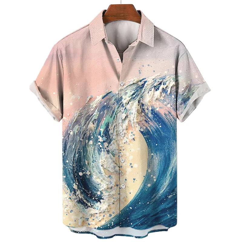 Japanese Sea Ocean Wave Graphic Shirt Men Kids 3D Print Vintage  Hawaiian Beach Shirts Short Sleeve Women Lapel Tops Clothing