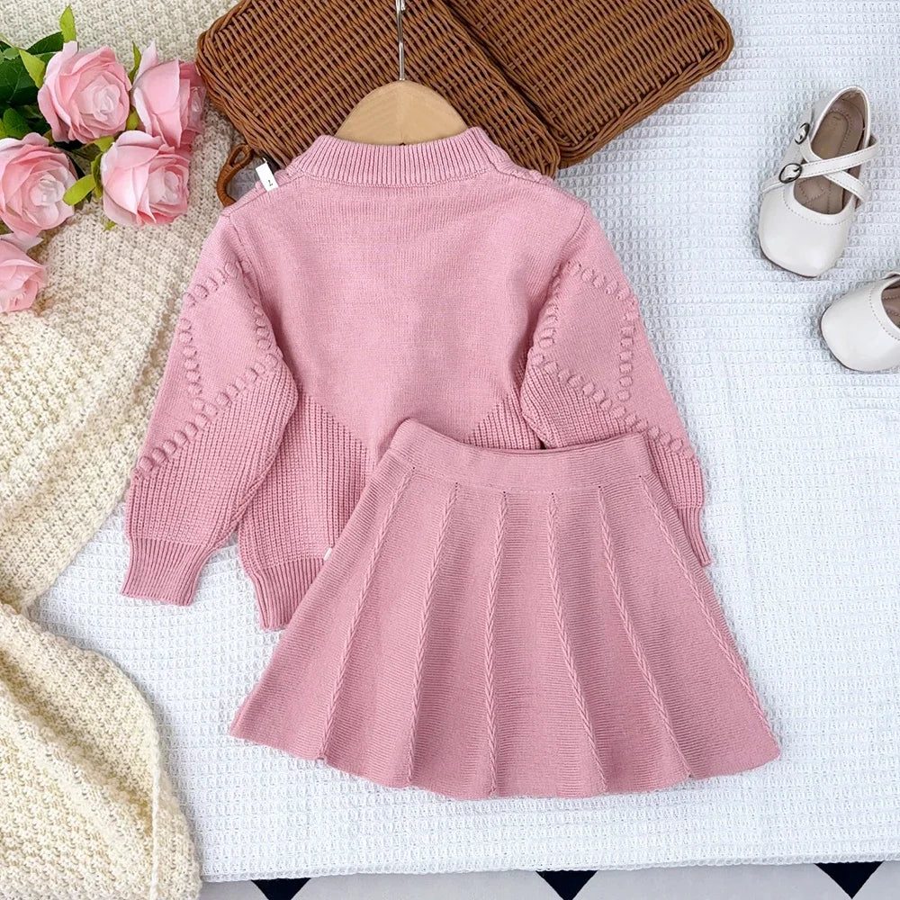 Bear Leader Korean Version College Style Girls Clothes Winter Cute Bow Tie Sets Round Neck Long Sleeved Sweater+A-line Skirt