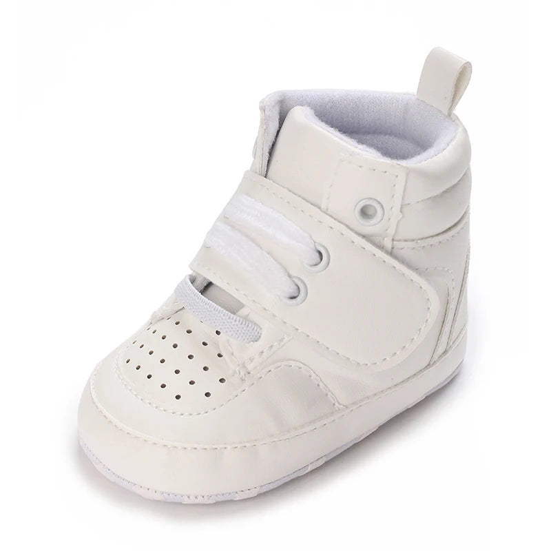 Spring and Autumn Baby Shoes Fashion Classic White PU High Top Sports Shoes Soft Sole Comfortable Casual Walking Shoes