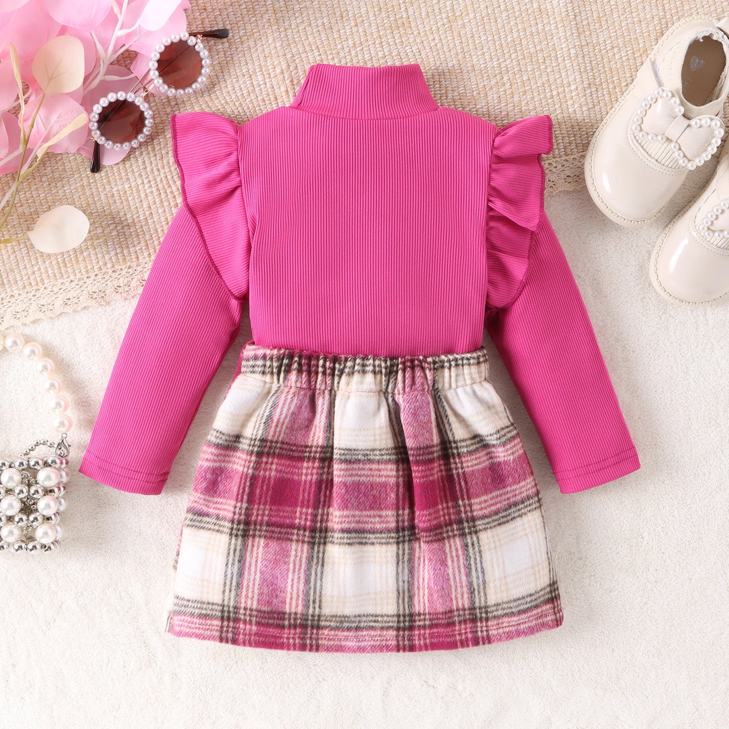 2PCS Autumn New Style 1-4 Year Old Girl Baby Sweet And Fashionable High-Neck Rose Red Pit Strip Top + Plaid Skirt Suit