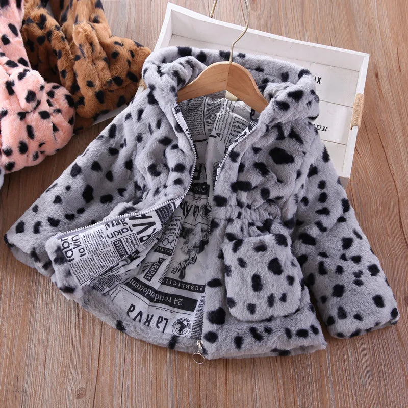 Autumn Winter Plush Baby Girls Jacket Fashion Leopard Print Warm Faux Fur Coat For Girls Hooded Outerwear 2-8 Years Kids Clothes