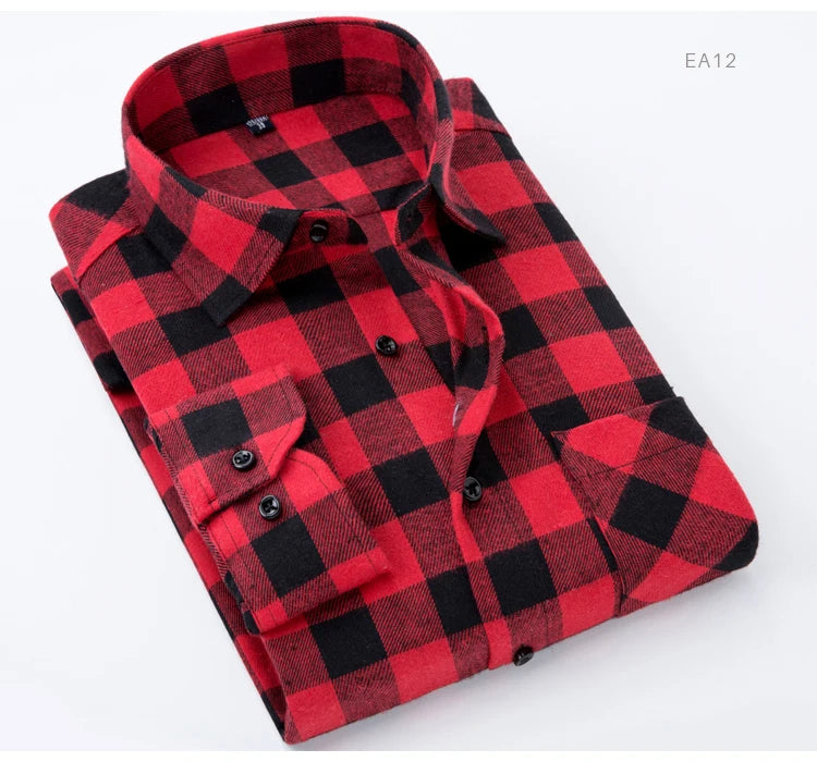 Men's Slim-fit Casual Brushed Flannel Contrast Plaid Shirt Single Patch Chest Pocket Comfortable Soft Long Sleeve Gingham Shirts