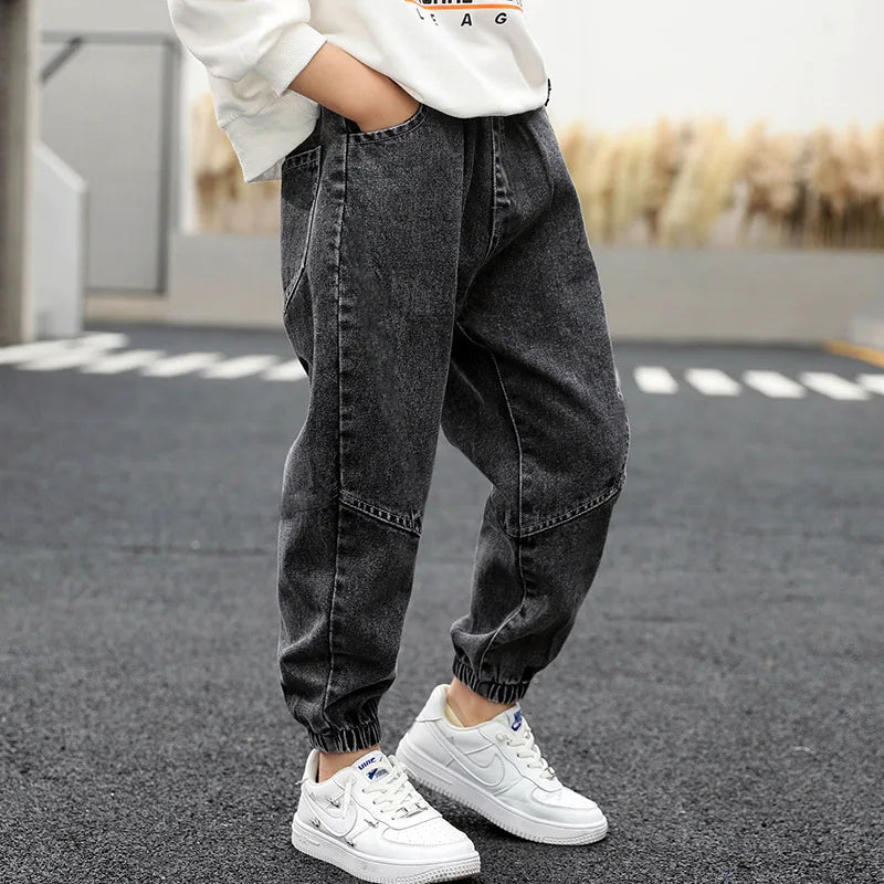 New Spring Autumn Pocket Black Kids Jeans Elastic Waist 2-13 Years Old Boys Girls Denim Trousers Cute Children Pants