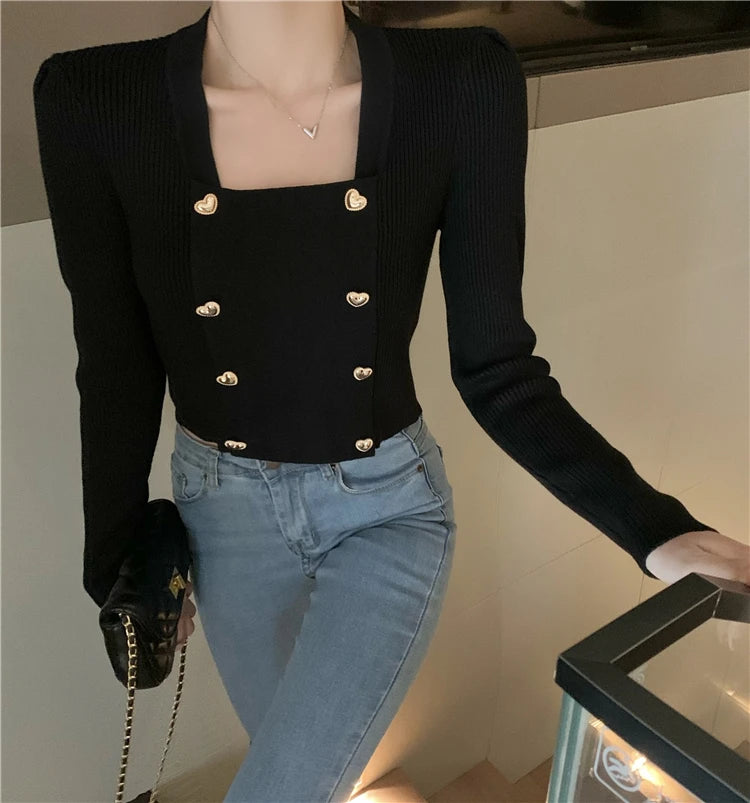 Short Square Collar Crop Top Knitted Sweater Women Korean Clothes Love Button Long Sleeve Sweaters 2022 Autumn Winter Pullover